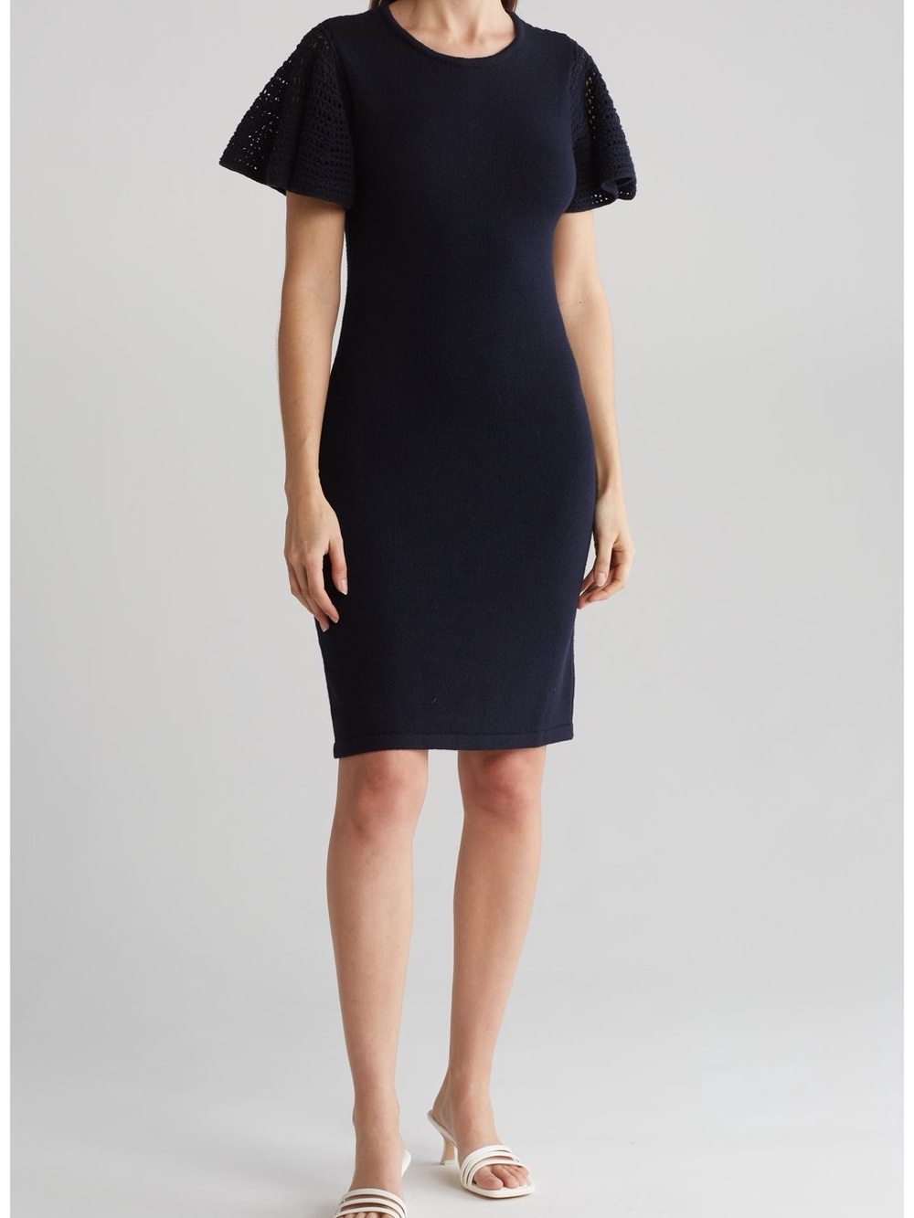 Eliza J NWT Crochet Flutter Sleeve Shift Dress Navy Size Large